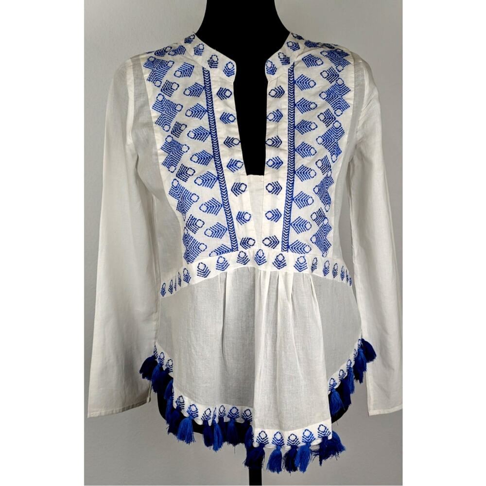 Kas designs Blue on white embroidered top Sz S Festival Tassels NWT Greek isle